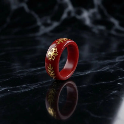 Red Heritage Band Ring with Gold Floral Motif Design
