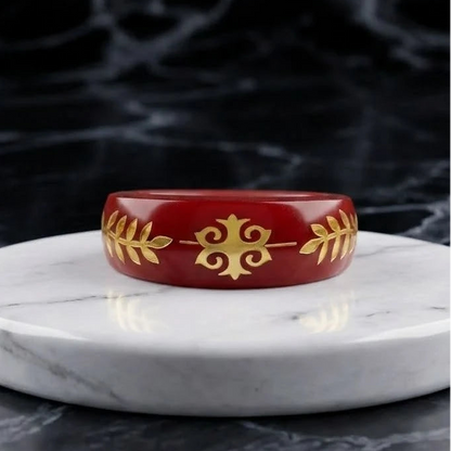 Red Heritage Band Ring with Gold Floral Motif Design