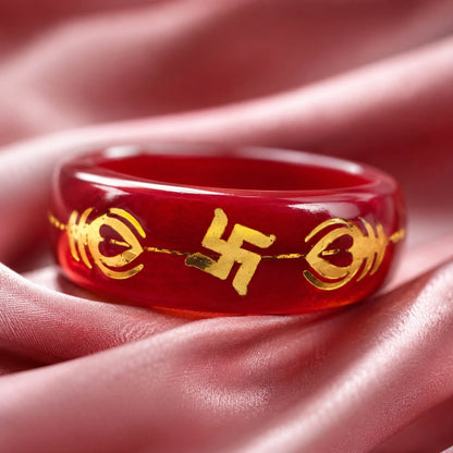 Red Hindu Swastika Spiritual Ring – Auspicious Religious Symbol Band