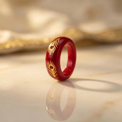 Red Peacock Feather Spiritual Band Ring – Traditional Decorative Ring