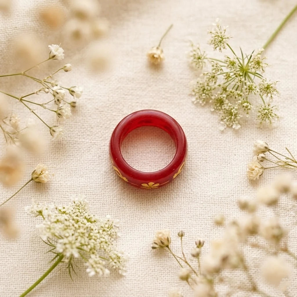 Red Resin Floral Inlay Ring – Handmade Vintage Gold Clover Band