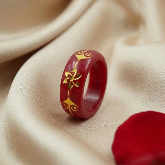 Red Resin Floral Ring with Gold Inlay – Traditional Vintage Statement Band