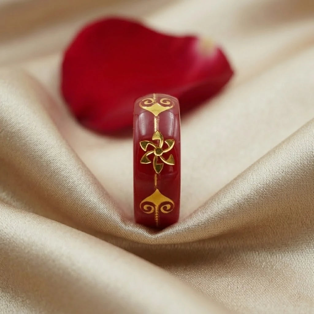 Red Resin Floral Ring with Gold Inlay – Traditional Vintage Statement Band