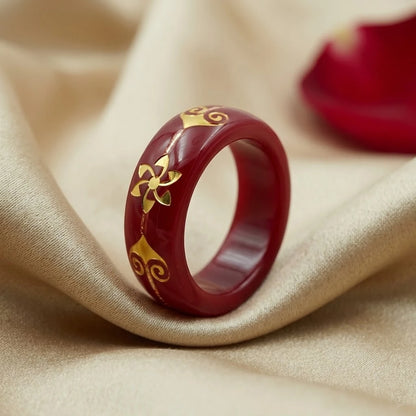 Red Resin Floral Ring with Gold Inlay – Traditional Vintage Statement Band