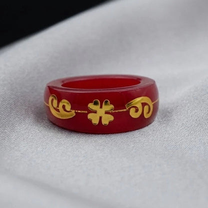 Red Resin Lucky Clover Ring with Gold Inlay – Vintage Minimalist Band Ring