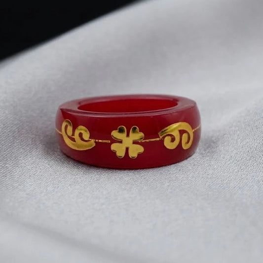 Red Resin Lucky Clover Ring with Gold Inlay – Vintage Minimalist Band Ring