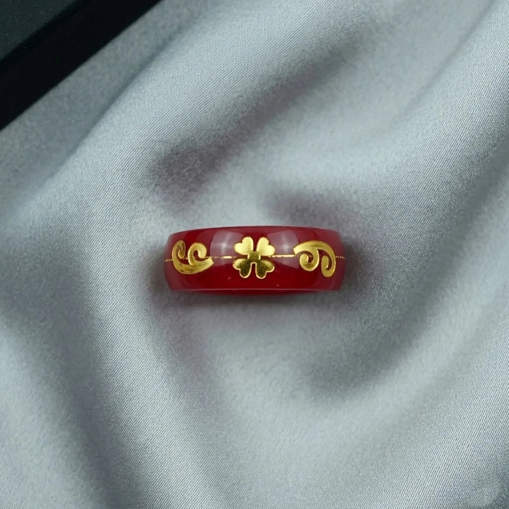 Red Resin Lucky Clover Ring with Gold Inlay – Vintage Minimalist Band Ring