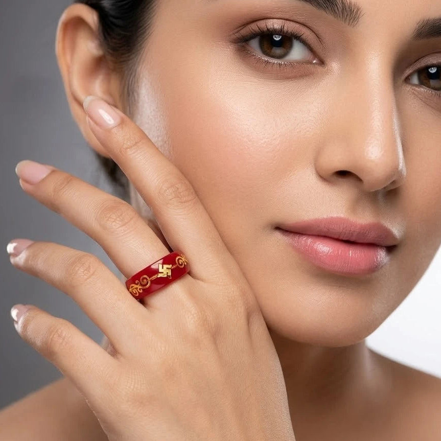 Red Swastika Symbol Ring – Traditional Lucky Charm Resin Band