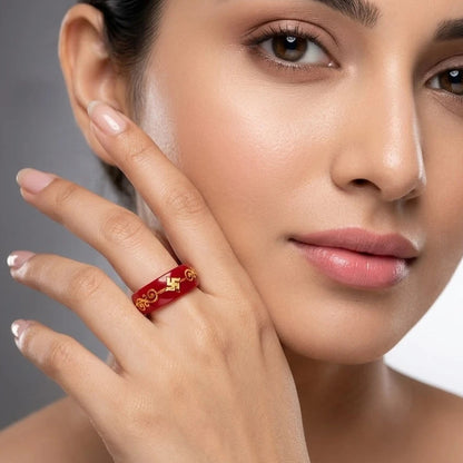 Red Swastika Symbol Ring – Traditional Lucky Charm Resin Band