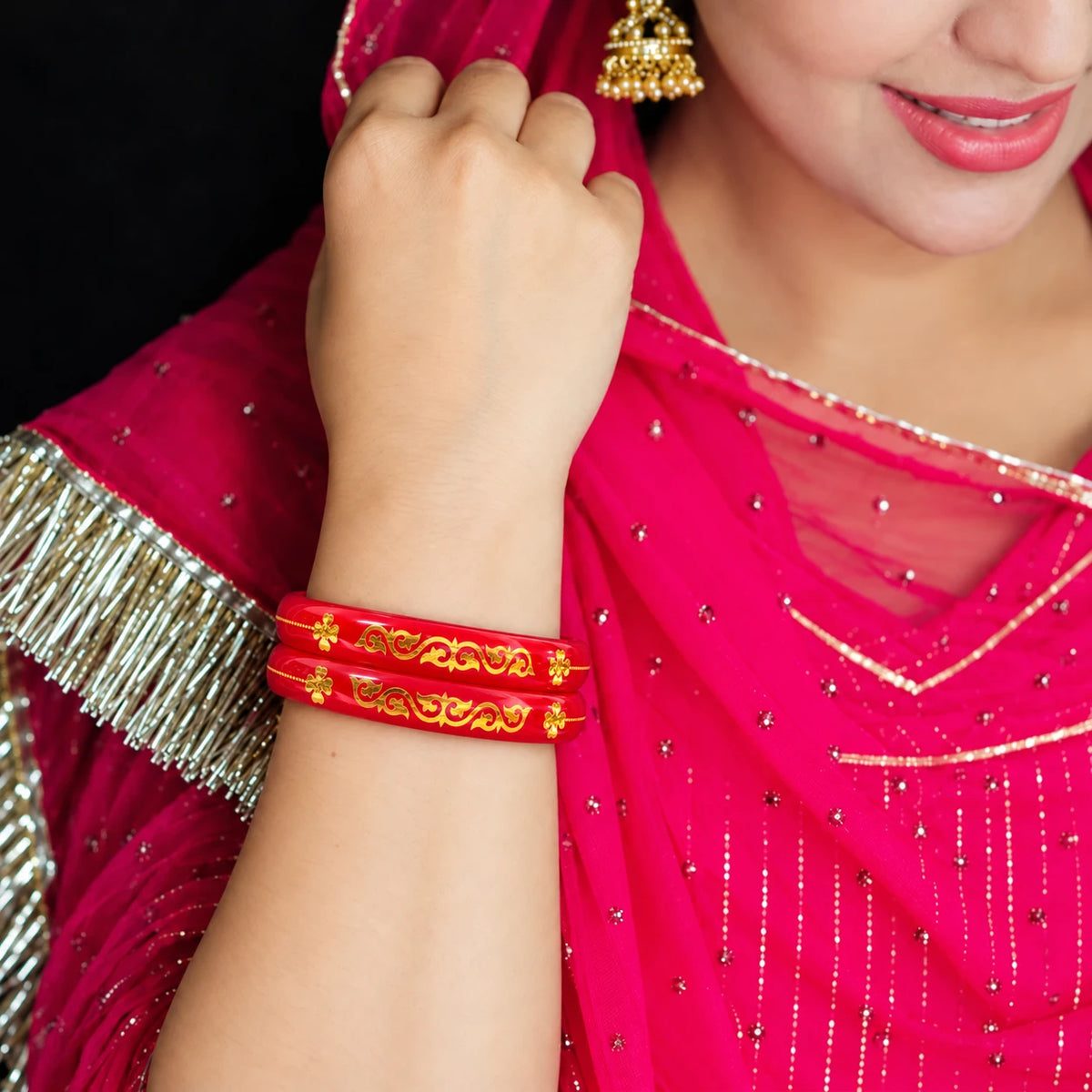 Red Designer Bangles with Elegant Golden Floral & Scroll Motifs