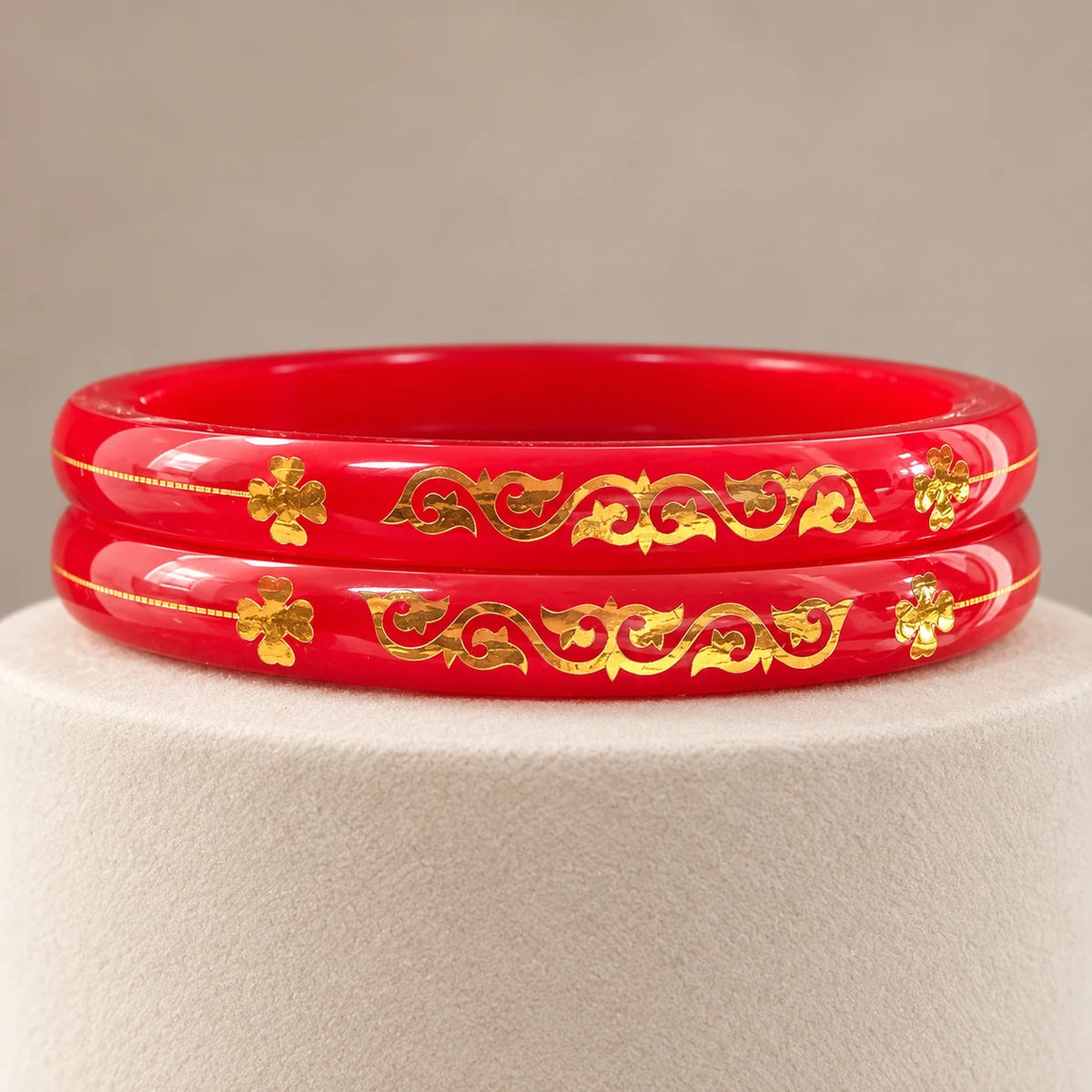 Red Designer Bangles with Elegant Golden Floral & Scroll Motifs