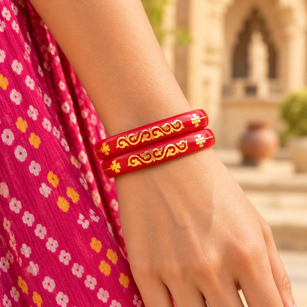 Red Designer Bangles with Elegant Golden Floral & Scroll Motifs