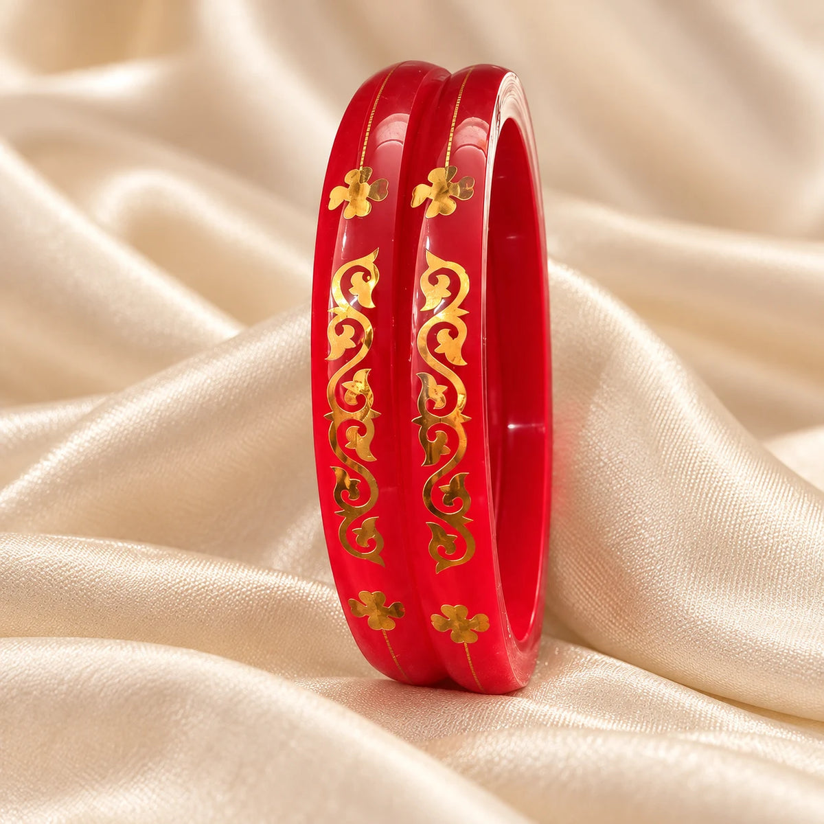 Red Designer Bangles with Elegant Golden Floral & Scroll Motifs