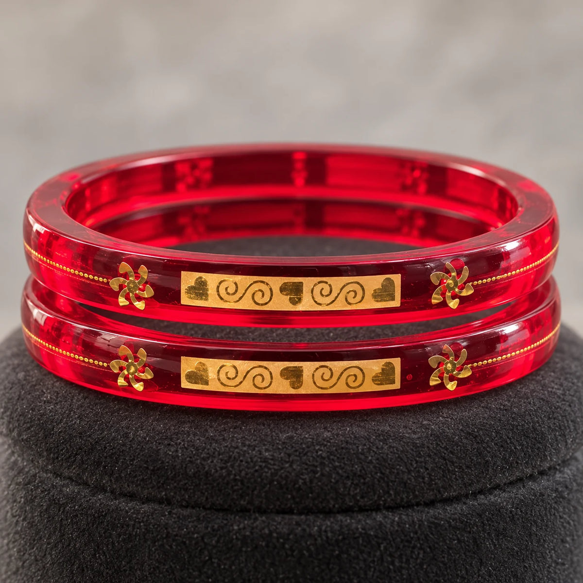 Red Designer Bangles with Elegant Golden Swirl & Floral Motifs