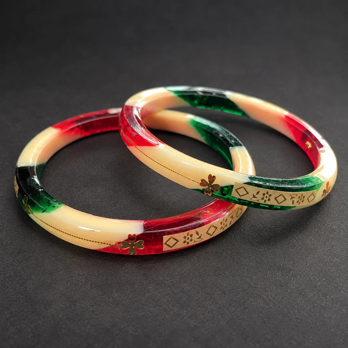 Red Green & Cream Designer Bangles with Golden Floral Motifs