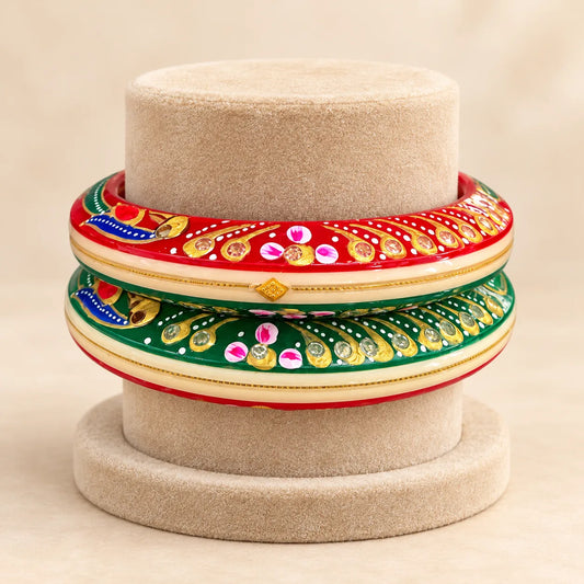 Red & Green Designer Bangles with Floral & Golden Embellished Motifs