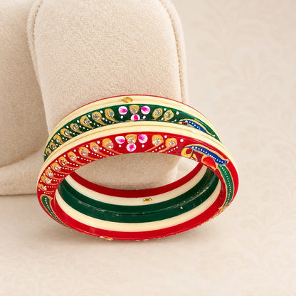 Red & Green Designer Bangles with Floral & Golden Embellished Motifs