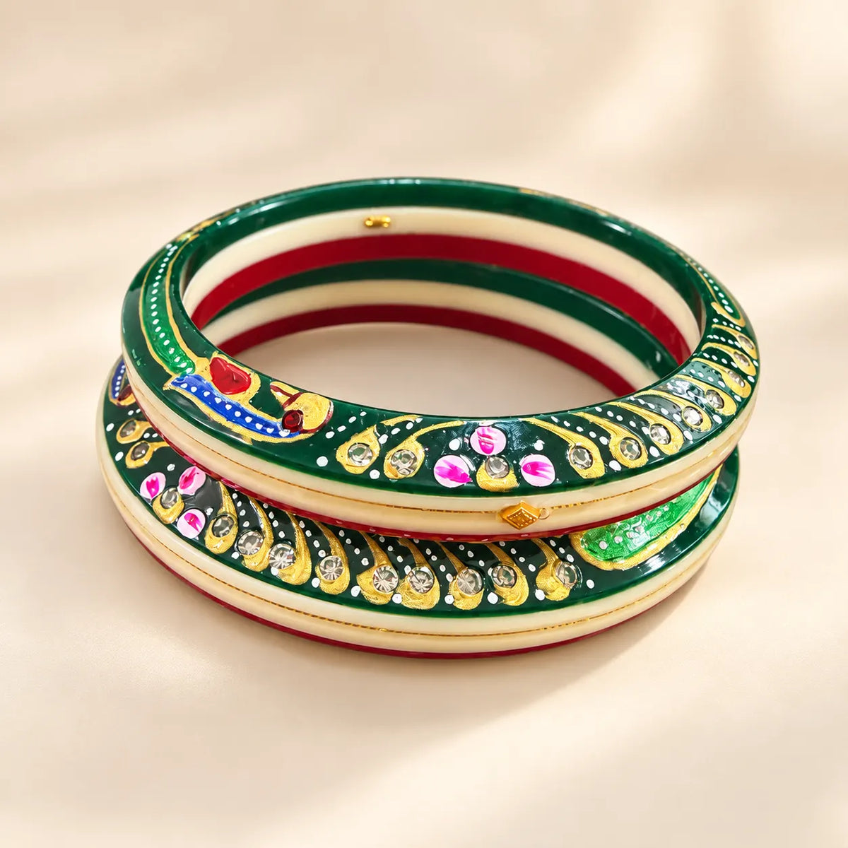Red & Green Designer Bangles with Floral & Golden Embellished Motifs