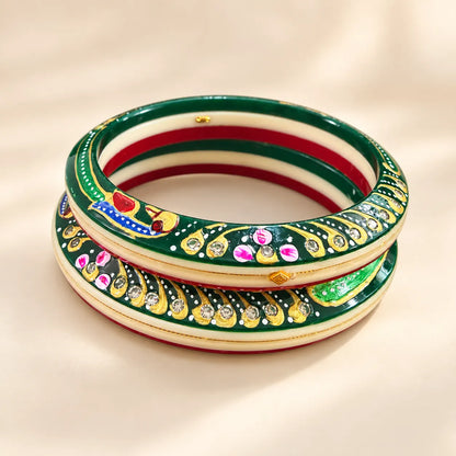 Red & Green Designer Bangles with Floral & Golden Embellished Motifs