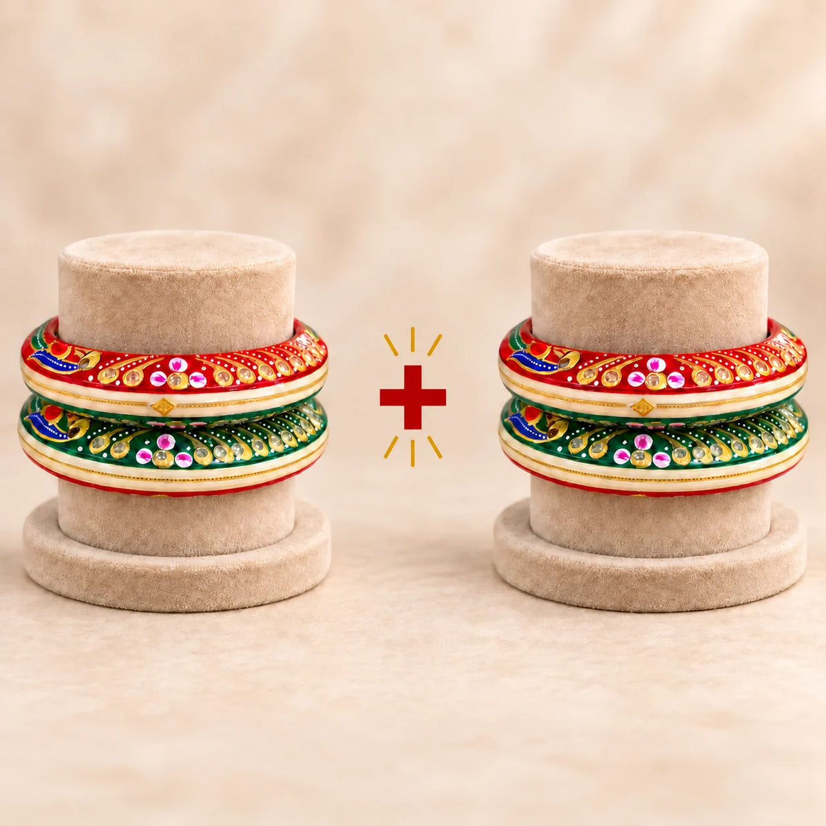 Red & Green Designer Bangles with Floral & Golden Embellished Motifs
