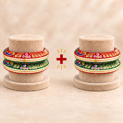 Red & Green Designer Bangles with Floral & Golden Embellished Motifs
