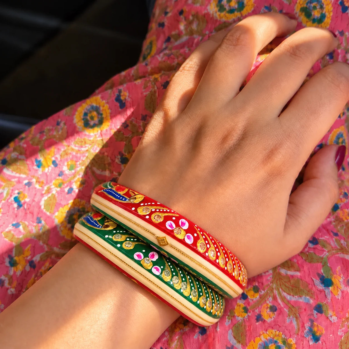 Red & Green Designer Bangles with Floral & Golden Embellished Motifs