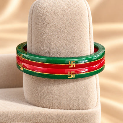 Red & Green Traditional Designer Bangles with Golden Swastika Motifs