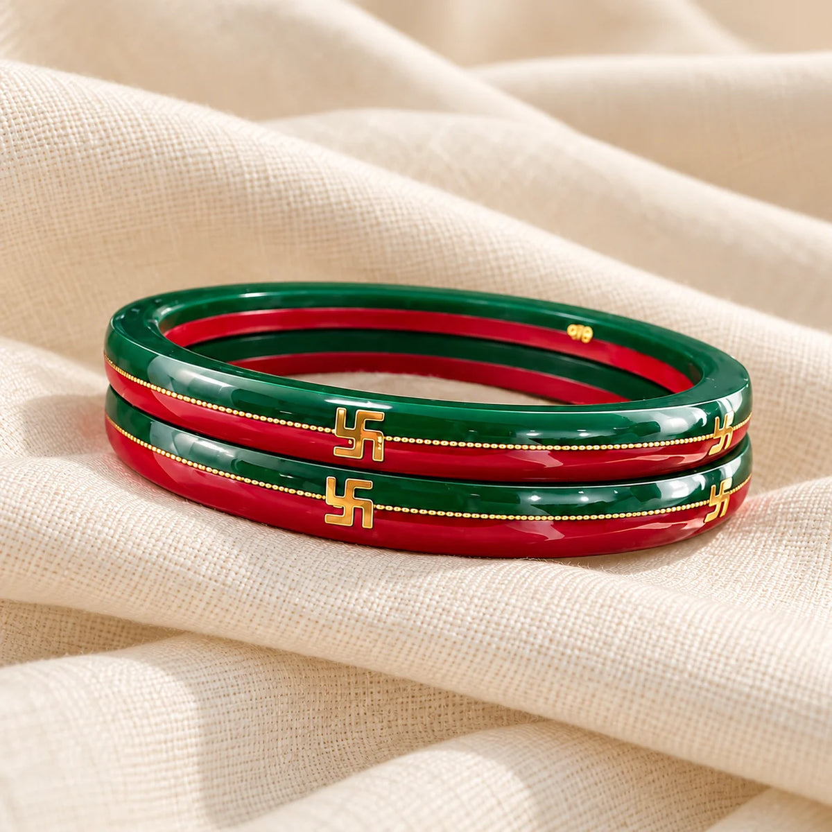 Red & Green Traditional Designer Bangles with Golden Swastika Motifs