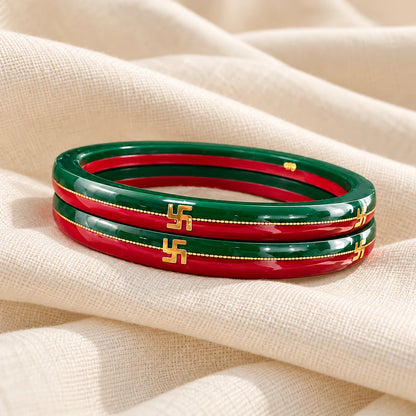 Red & Green Traditional Designer Bangles with Golden Swastika Motifs