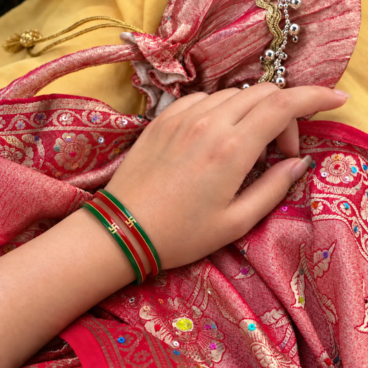 Red & Green Traditional Designer Bangles with Golden Swastika Motifs