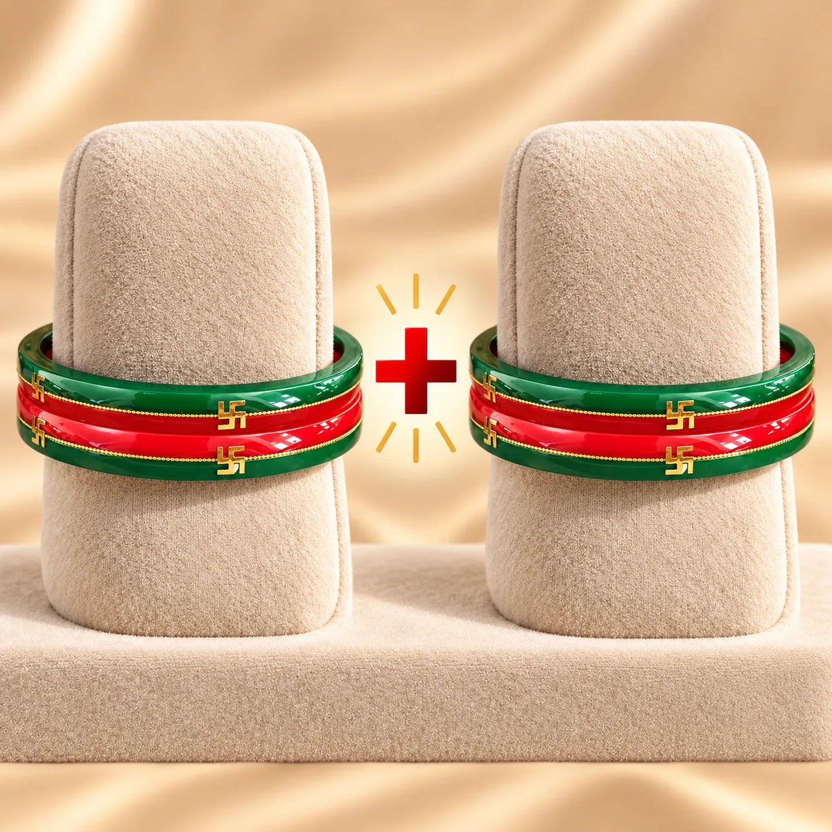 Red & Green Traditional Designer Bangles with Golden Swastika Motifs

