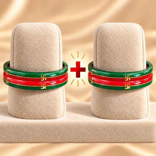 Red & Green Traditional Designer Bangles with Golden Swastika Motifs

