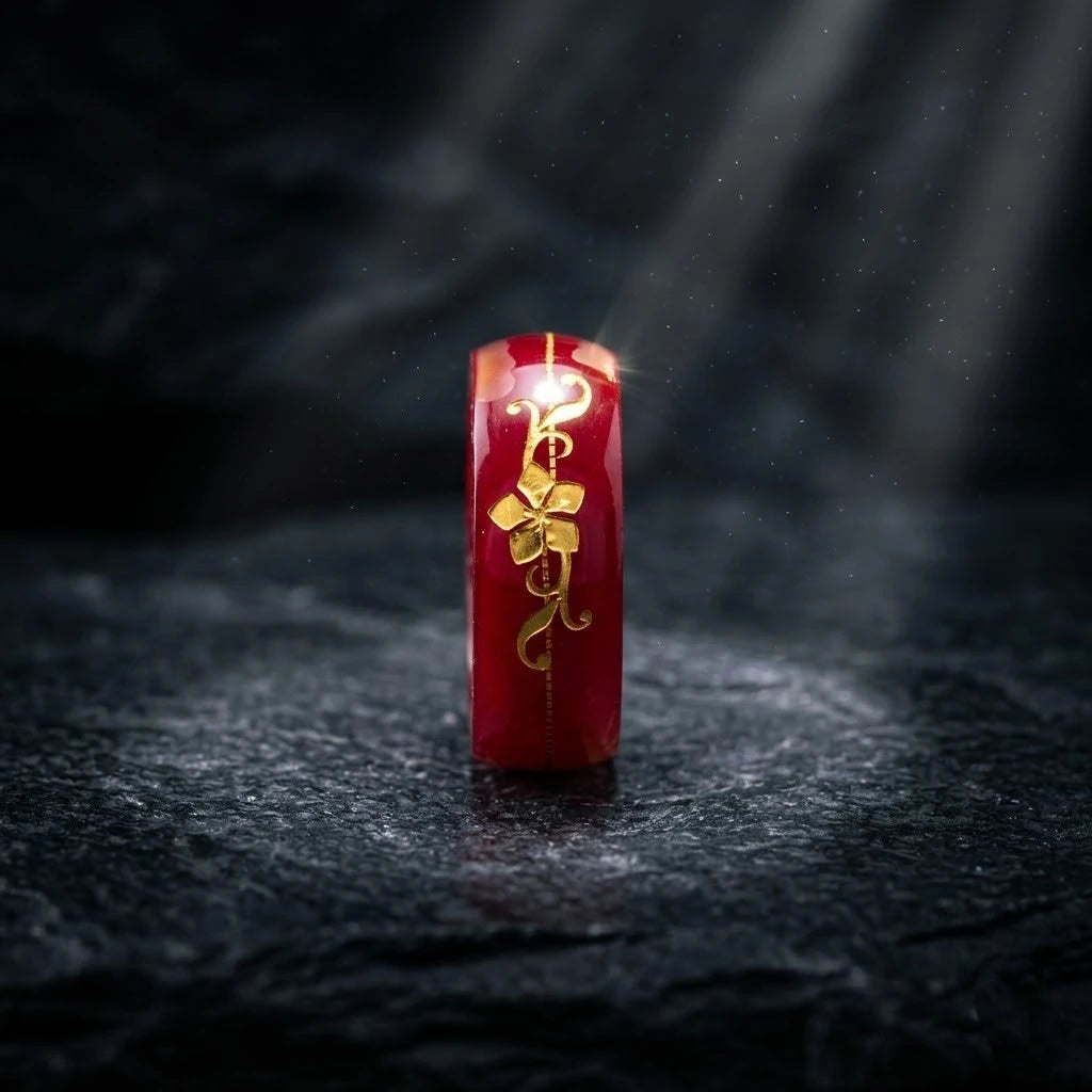 Red Resin Ring with Gold Floral Design