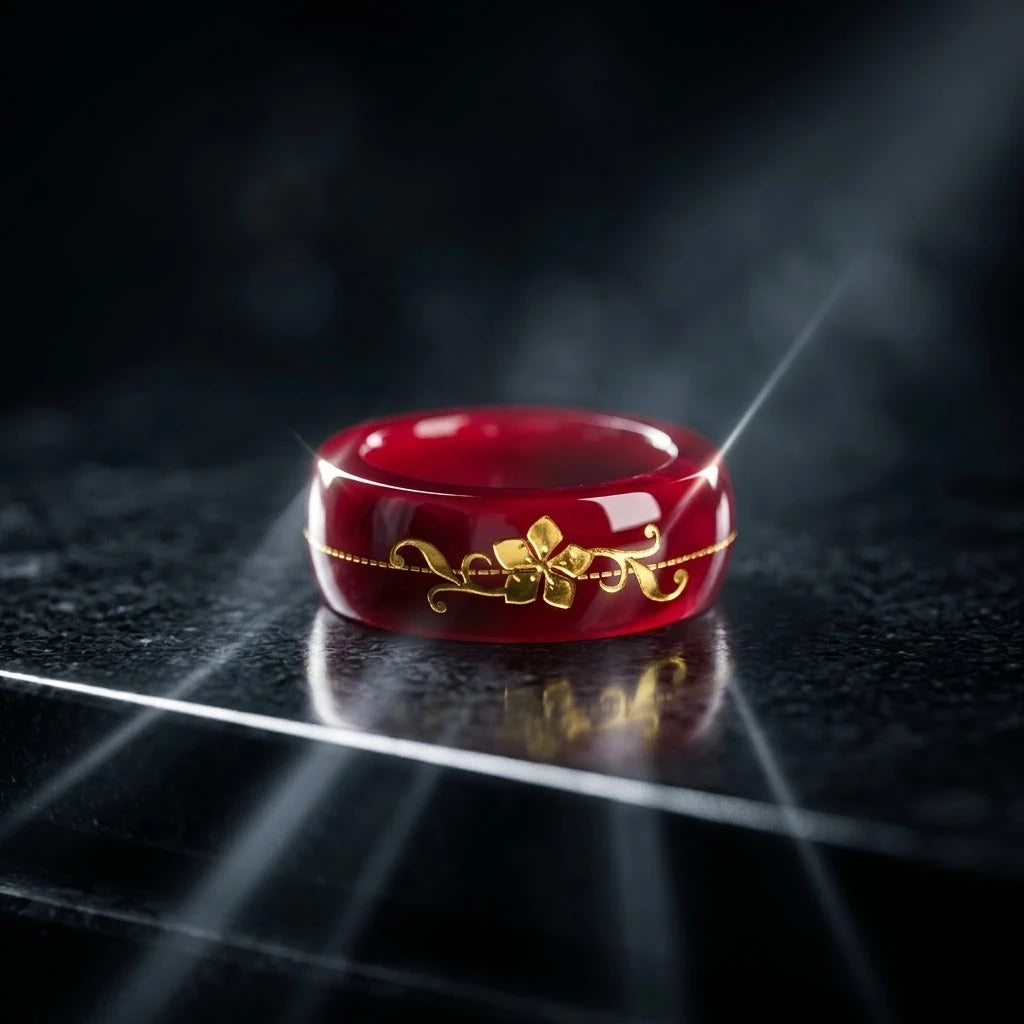 Red Resin Ring with Gold Floral Design