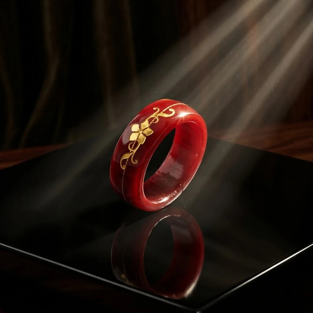 Red Resin Ring with Gold Floral Design