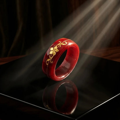 Red Resin Ring with Gold Floral Design