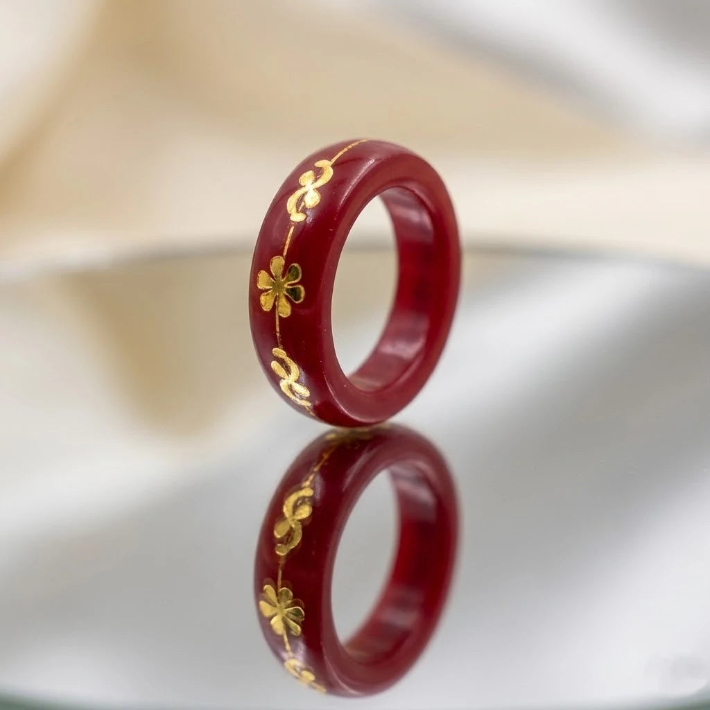 Red Resin Ring with Gold Floral Inlay Design