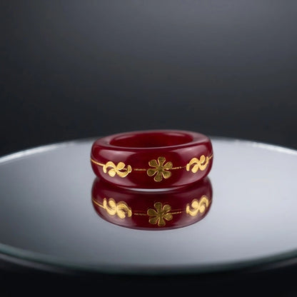 Red Resin Ring with Gold Floral Inlay Design