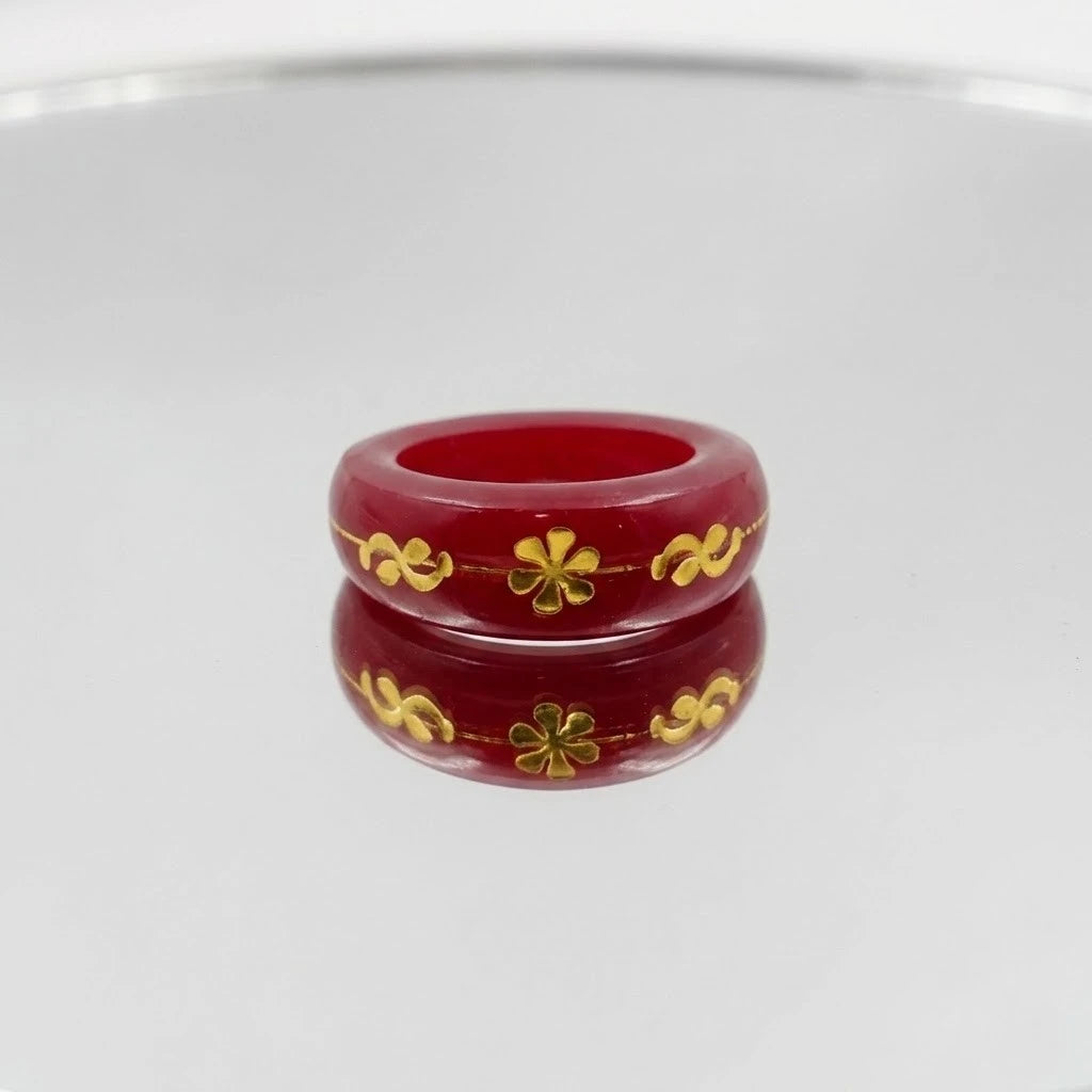 Red Resin Ring with Gold Floral Inlay Design