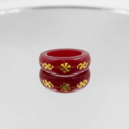 Red Resin Ring with Gold Floral Inlay Design