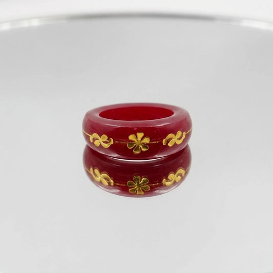 Red Resin Ring with Gold Floral Inlay Design