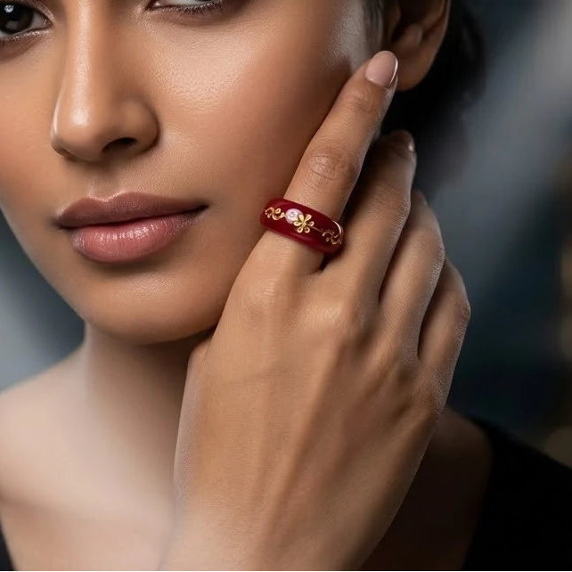 Red Resin Ring with Gold Floral Inlay Design
