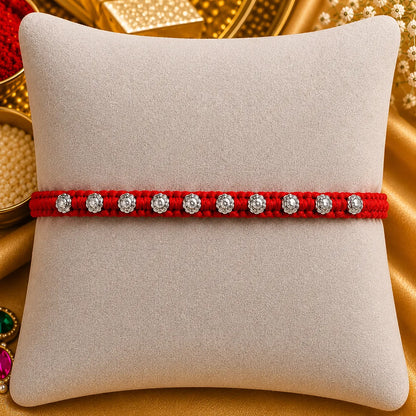Red Silver Rakhi with Elegant Silver Beads