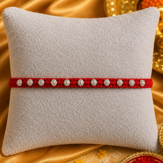 Red Silver Rakhi with Elegant Silver Beads