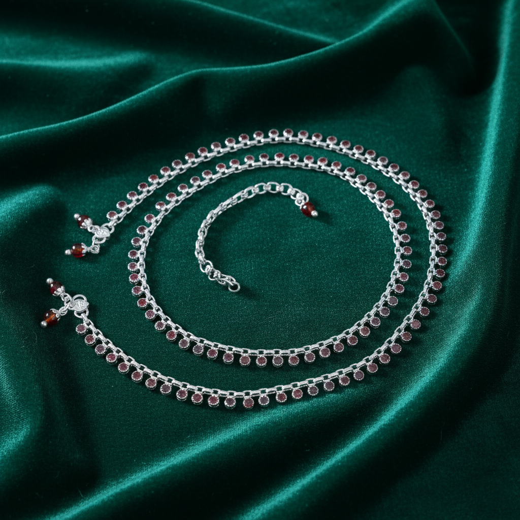 Red Stone Studded Silver Payal Modern Touch with Traditional Elegance