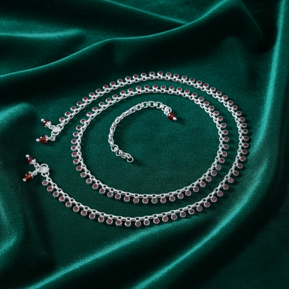 Red Stone Studded Silver Payal Modern Touch with Traditional Elegance