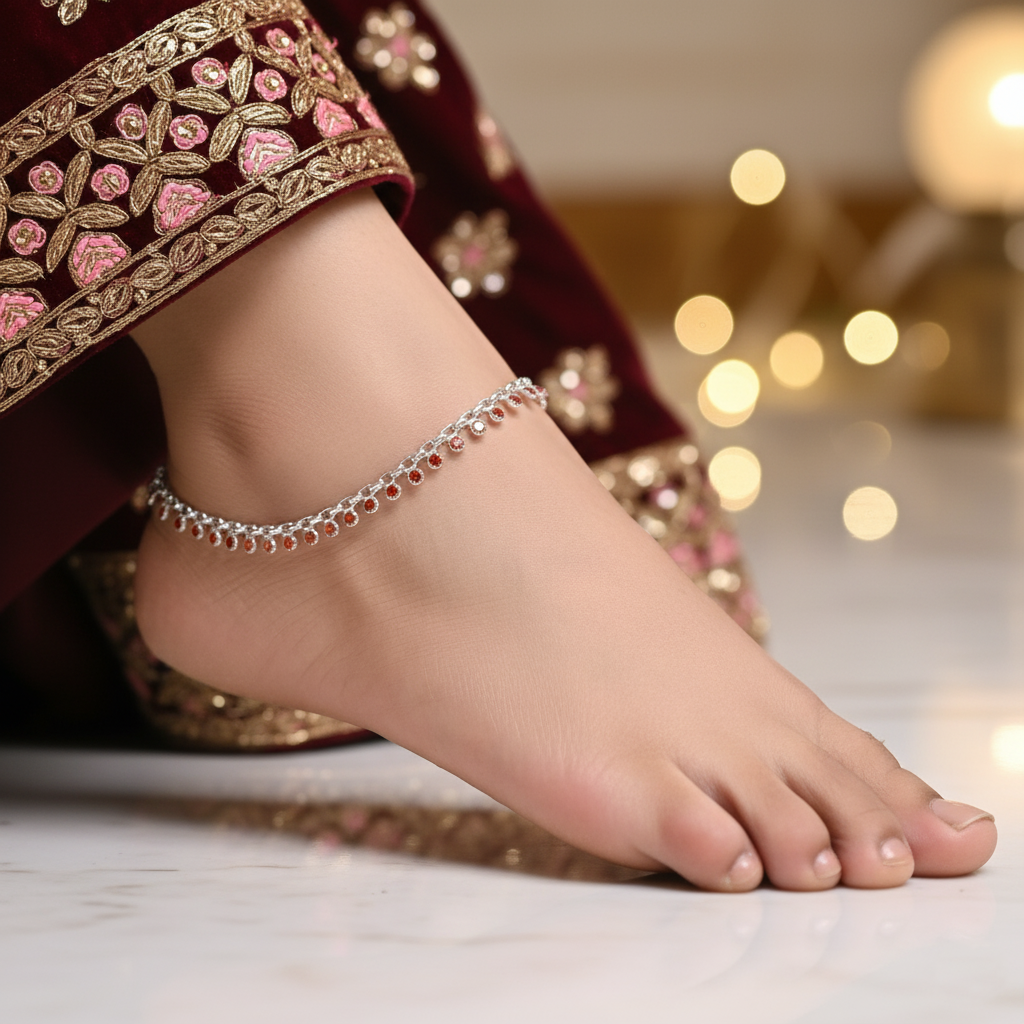 Red Stone Studded Silver Payal Modern Touch with Traditional Elegance