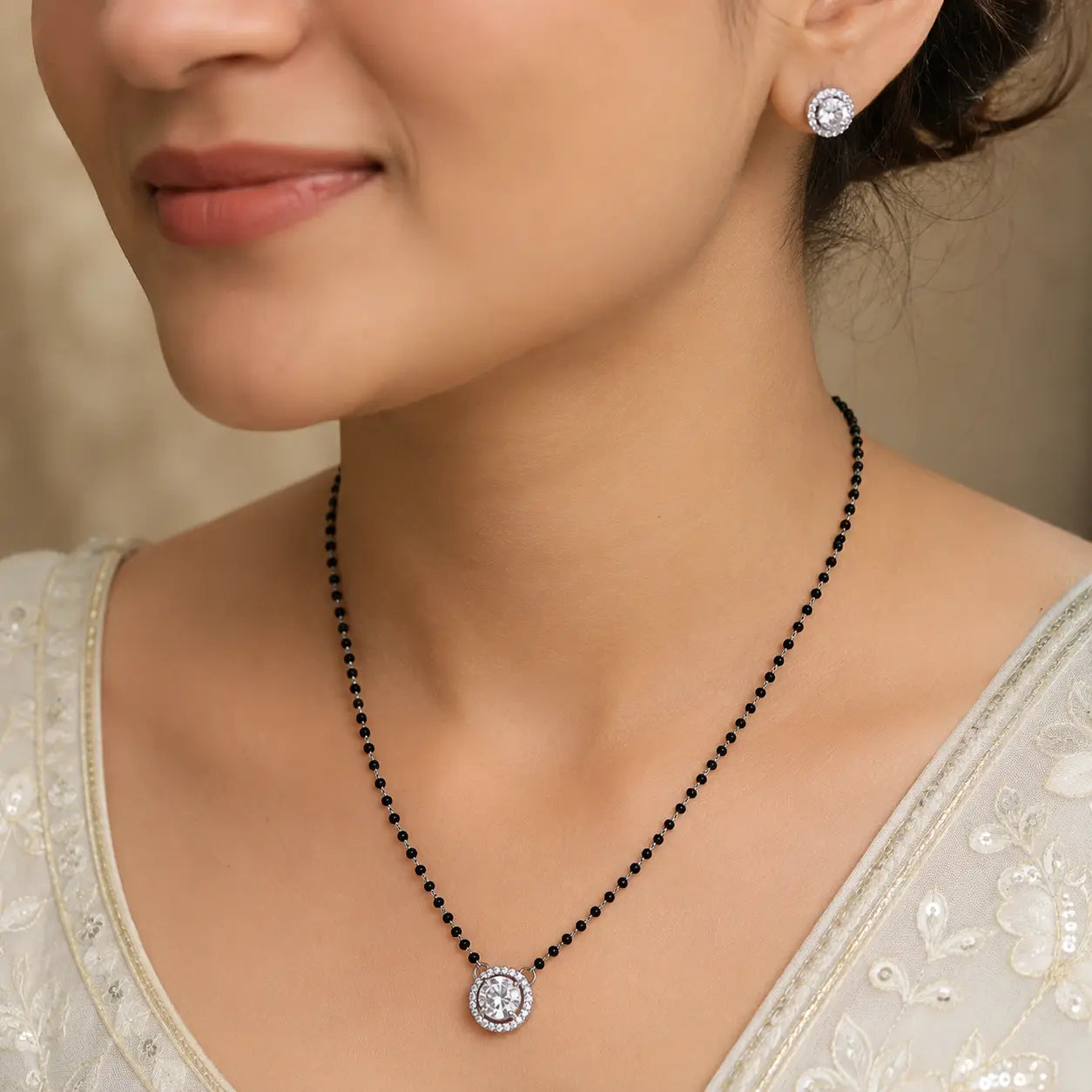 Round Solitaire Mangalsutra Set with Earrings for Women