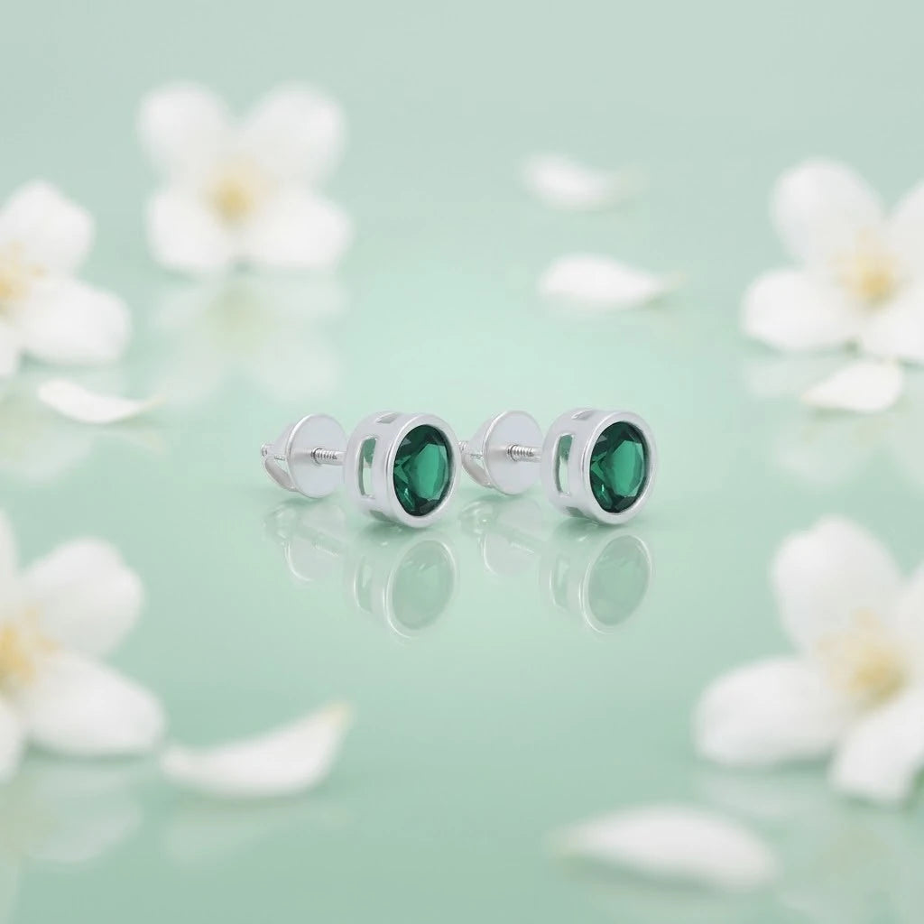 Round Green Stone Silver Earrings