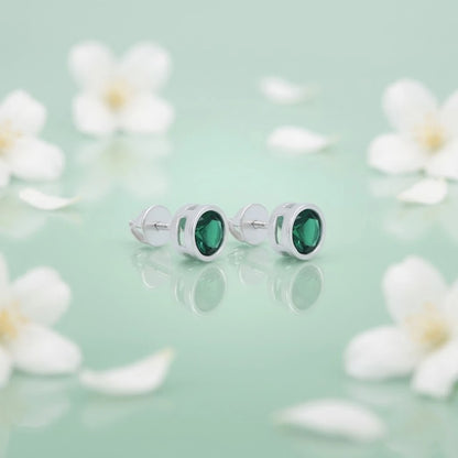 Round Green Stone Silver Earrings